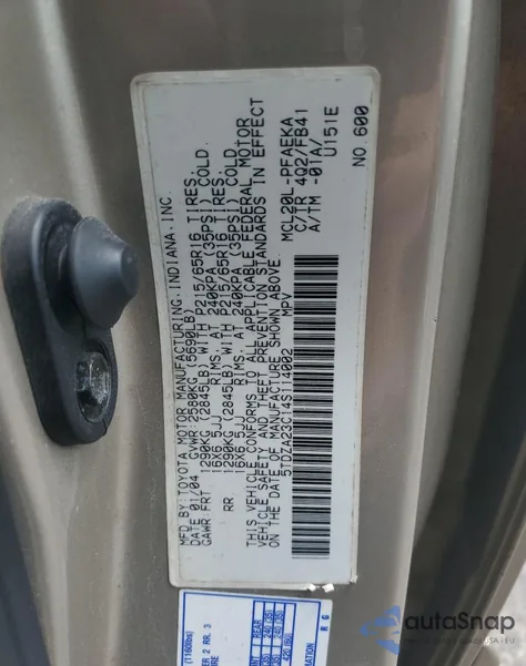 2004 Toyota Sienna Ce z USA, uszkodzony, nr VIN 5TDZA23C14S114002